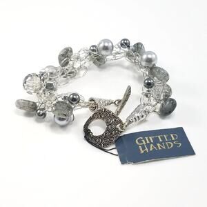 Crocheted Wire Faux Gray Pearls & Crystals Bracelet, 9 Inches, New With Tags